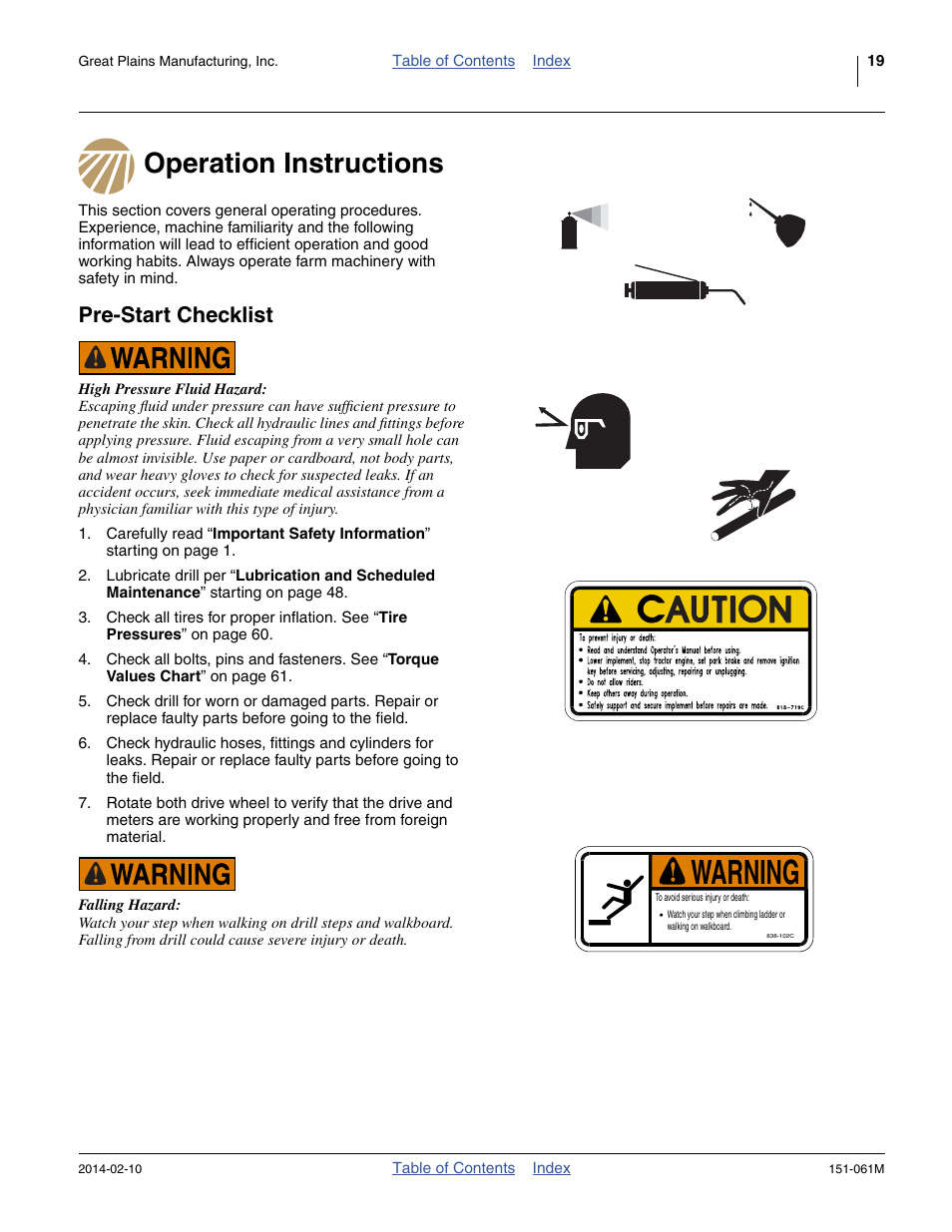 Operation instructions, Pre-start checklist, Operation instructions pre-start checklist | Warning | Great Plains 606NT Operator Manual User Manual | Page 23 / 80