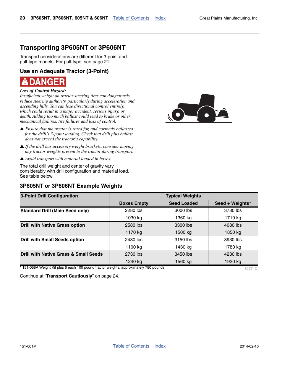 Transporting 3p605nt or 3p606nt, Use an adequate tractor (3-point), 3p605nt or 3p606nt example weights | Great Plains 606NT Operator Manual User Manual | Page 24 / 80
