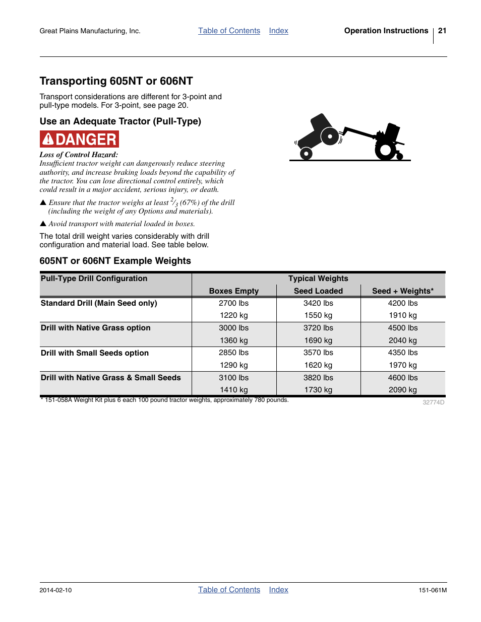 Transporting 605nt or 606nt, Use an adequate tractor (pull-type), 605nt or 606nt example weights | Great Plains 606NT Operator Manual User Manual | Page 25 / 80