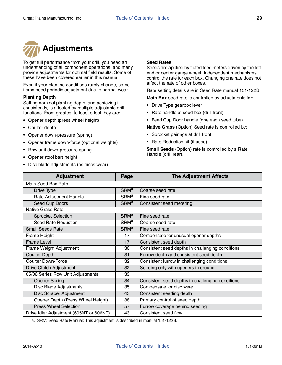 Adjustments, Planting depth, Seed rates | Great Plains 606NT Operator Manual User Manual | Page 33 / 80