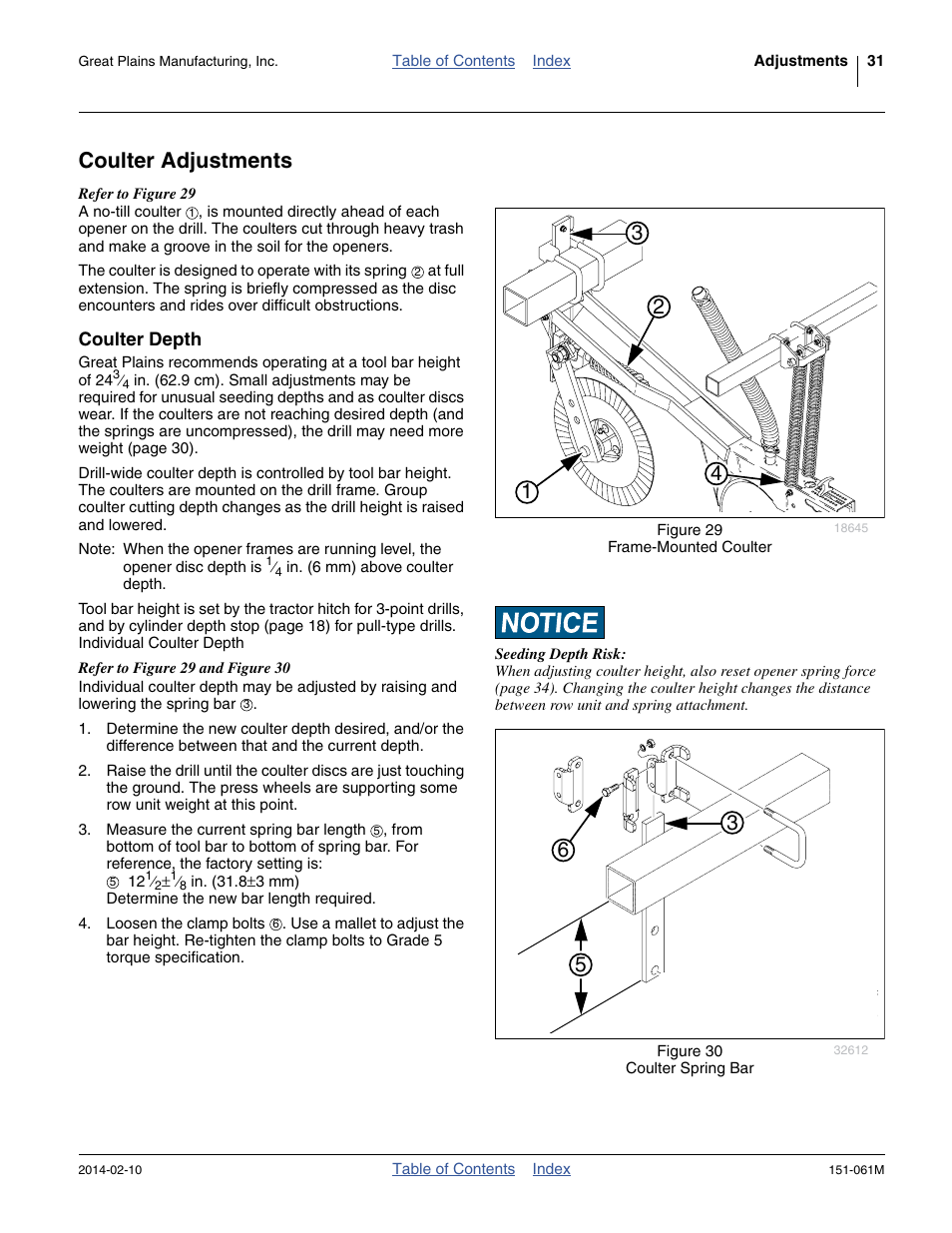Coulter adjustments, Coulter depth, 31) and opener disc | Great Plains 606NT Operator Manual User Manual | Page 35 / 80