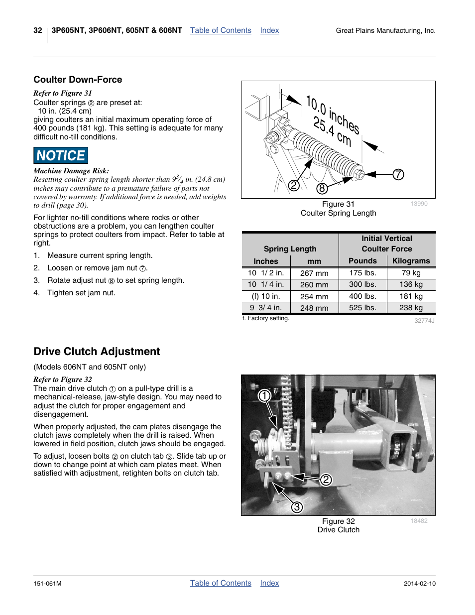 Coulter down-force, Drive clutch adjustment, 0 inches 25.4 cm | Great Plains 606NT Operator Manual User Manual | Page 36 / 80