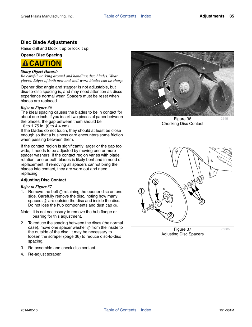 Disc blade adjustments, Opener disc spacing, Adjusting disc contact | Great Plains 606NT Operator Manual User Manual | Page 39 / 80