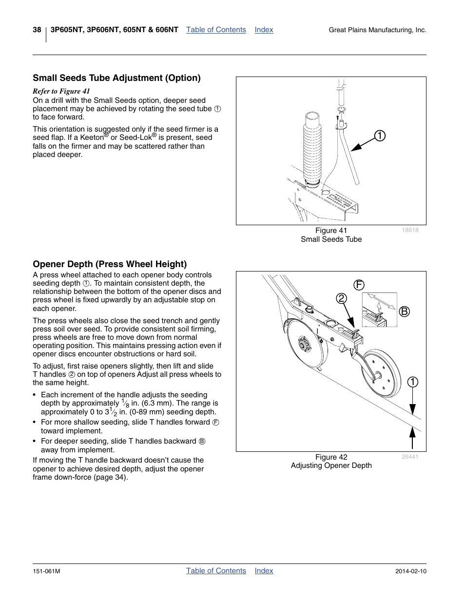 Small seeds tube adjustment (option), Opener depth (press wheel height), 12 b f | Great Plains 606NT Operator Manual User Manual | Page 42 / 80