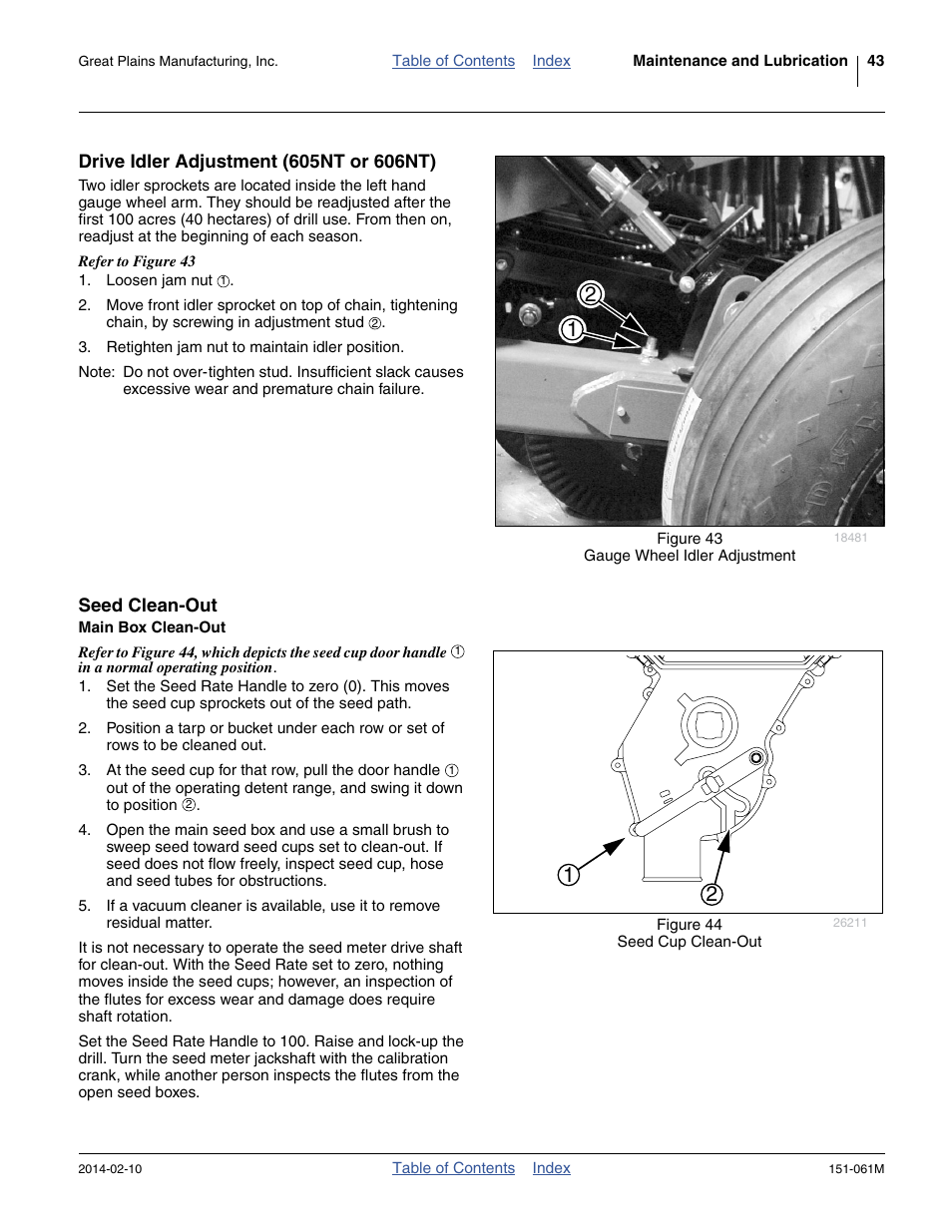 Drive idler adjustment (605nt or 606nt), Seed clean-out, Main box clean-out | Great Plains 606NT Operator Manual User Manual | Page 47 / 80