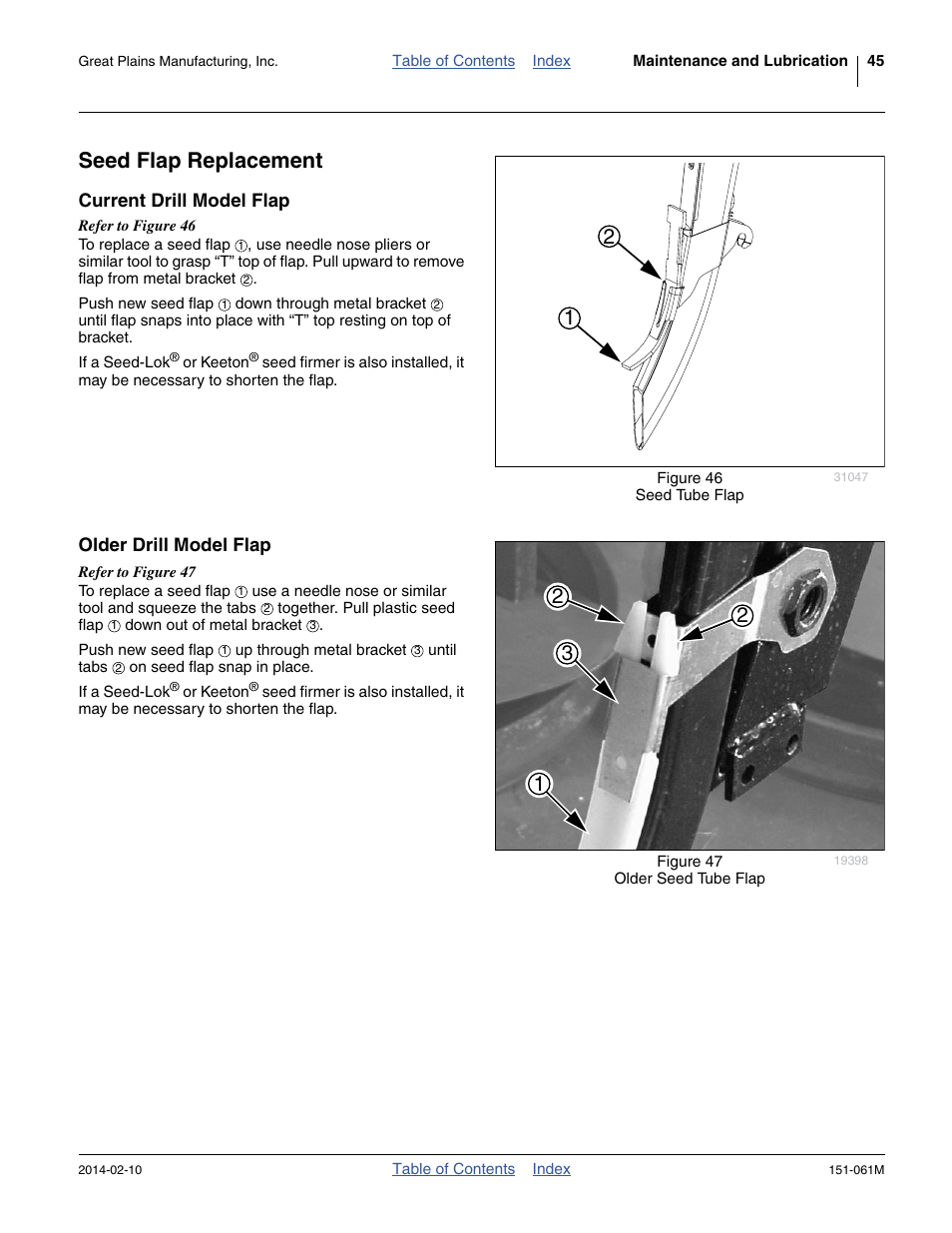 Seed flap replacement, Current drill model flap, Older drill model flap | Current drill model flap older drill model flap, See “ seed flap | Great Plains 606NT Operator Manual User Manual | Page 49 / 80