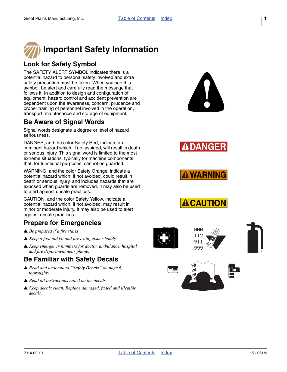 Important safety information, Look for safety symbol, Be aware of signal words | Prepare for emergencies, Be familiar with safety decals | Great Plains 606NT Operator Manual User Manual | Page 5 / 80