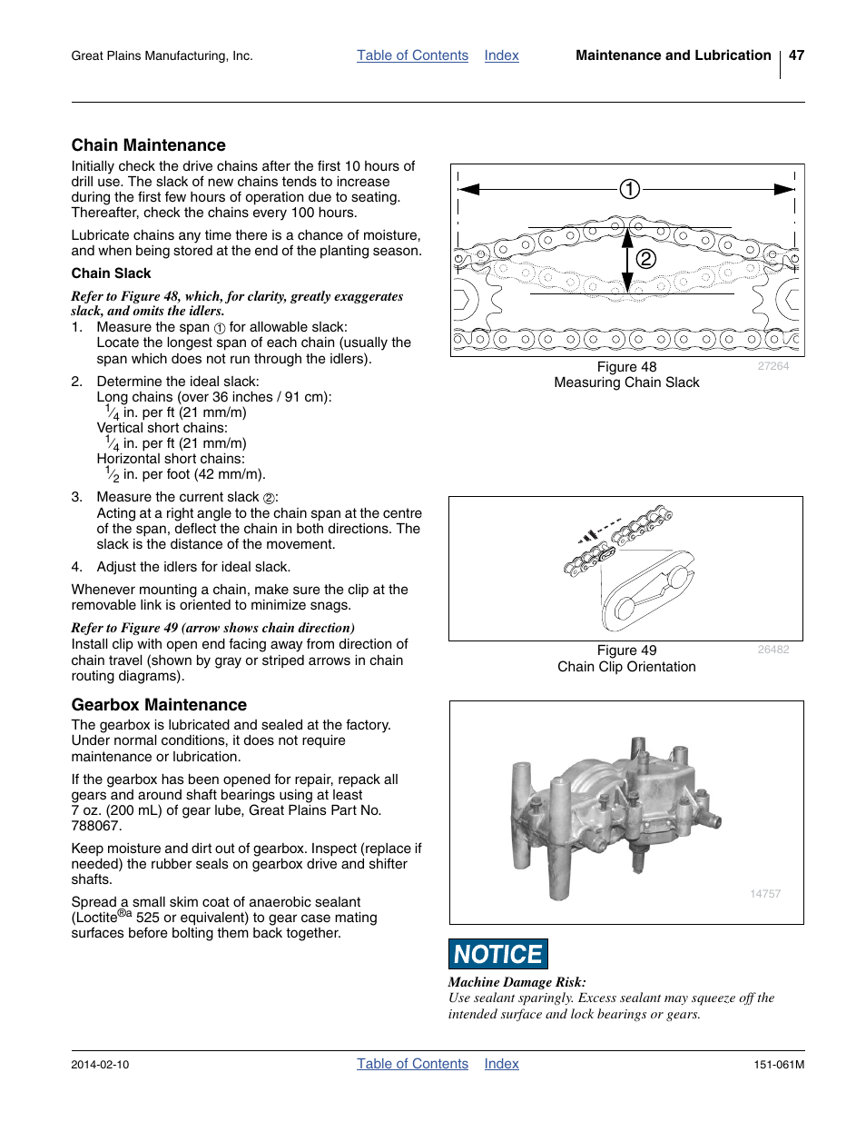 Chain maintenance, Chain slack, Gearbox maintenance | Great Plains 606NT Operator Manual User Manual | Page 51 / 80