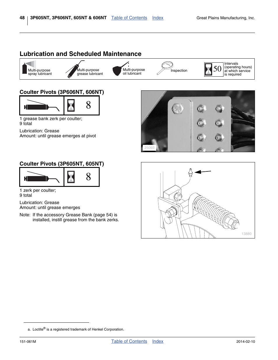 Lubrication and scheduled maintenance, Coulter pivots (3p606nt, 606nt), Coulter pivots (3p605nt, 605nt) | Great Plains 606NT Operator Manual User Manual | Page 52 / 80