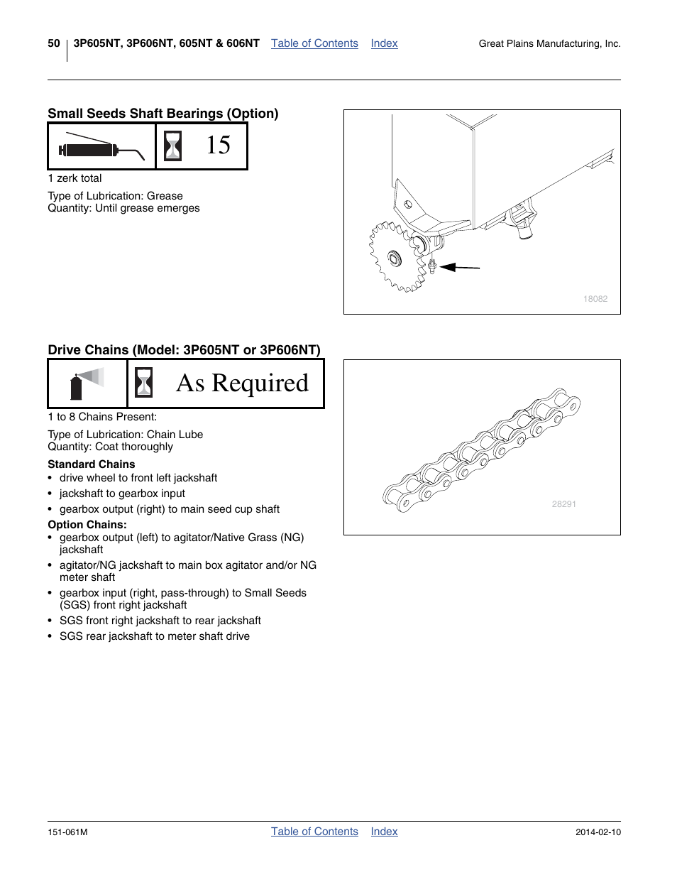 Small seeds shaft bearings (option), Drive chains (model: 3p605nt or 3p606nt), Standard chains | Option chains, As required | Great Plains 606NT Operator Manual User Manual | Page 54 / 80