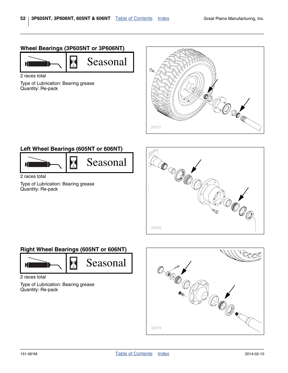 Wheel bearings (3p605nt or 3p606nt), Left wheel bearings (605nt or 606nt), Right wheel bearings (605nt or 606nt) | Seasonal | Great Plains 606NT Operator Manual User Manual | Page 56 / 80