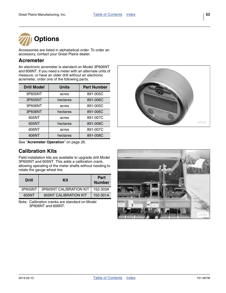 Options, Acremeter, Calibration kits | Great Plains 606NT Operator Manual User Manual | Page 57 / 80