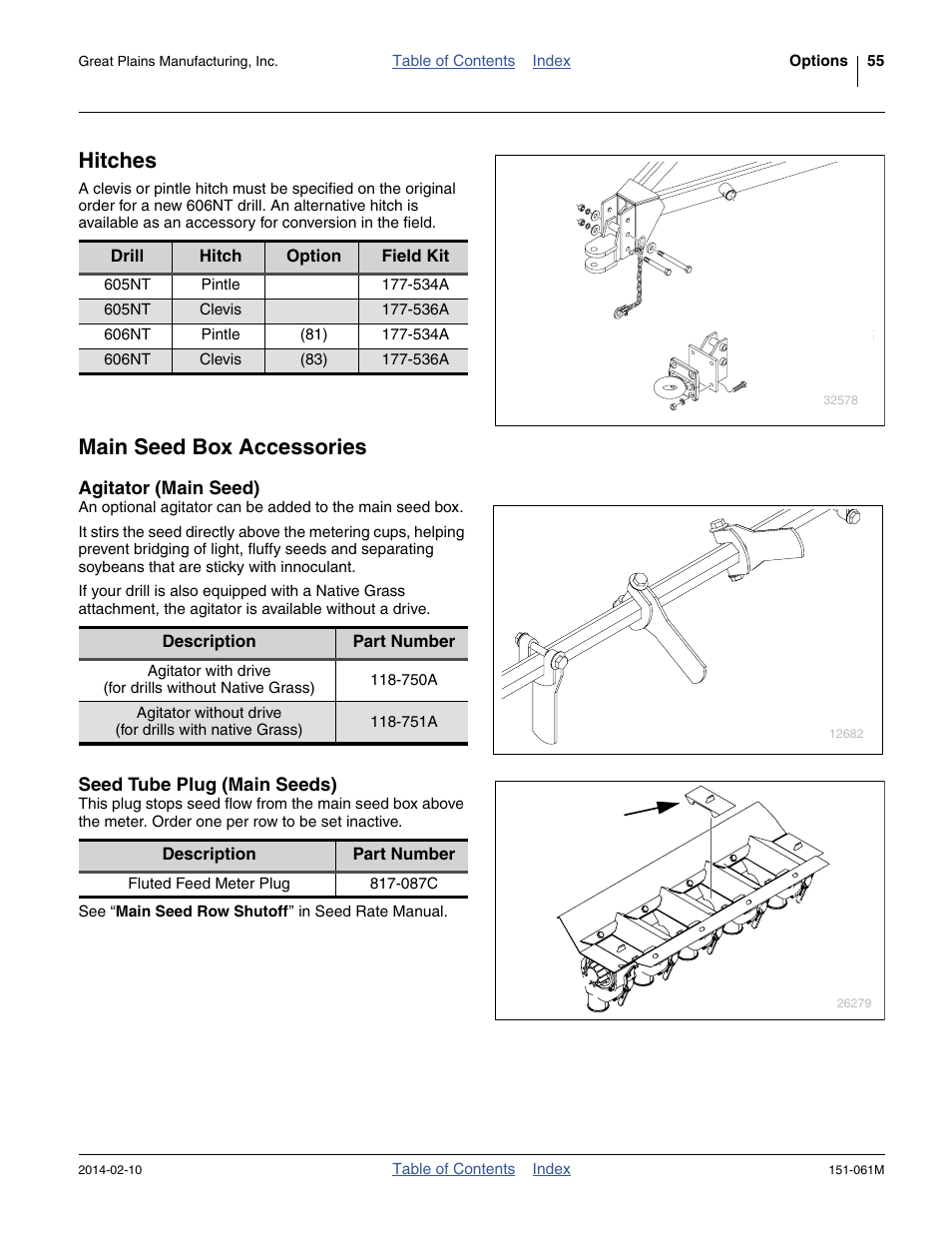 Hitches, Main seed box accessories, Agitator (main seed) | Seed tube plug (main seeds) | Great Plains 606NT Operator Manual User Manual | Page 59 / 80