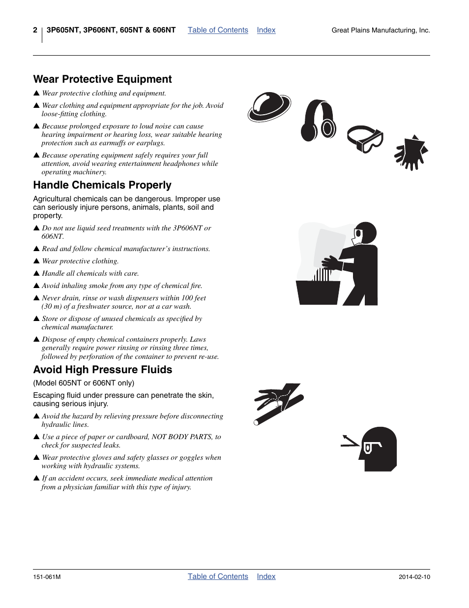 Wear protective equipment, Handle chemicals properly, Avoid high pressure fluids | Great Plains 606NT Operator Manual User Manual | Page 6 / 80