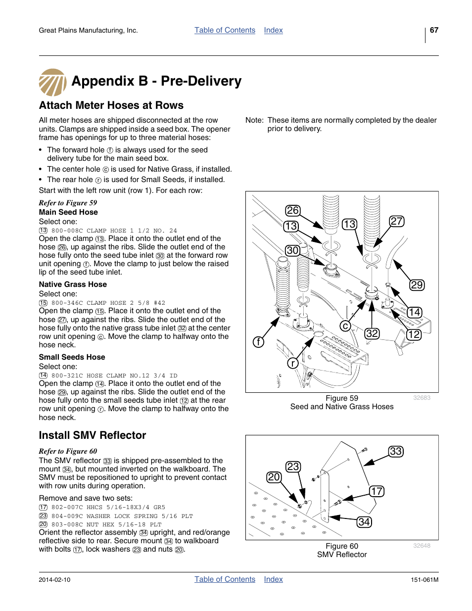 Appendix b - pre-delivery, Attach meter hoses at rows, Main seed hose | Native grass hose, Small seeds hose, Install smv reflector | Great Plains 606NT Operator Manual User Manual | Page 71 / 80