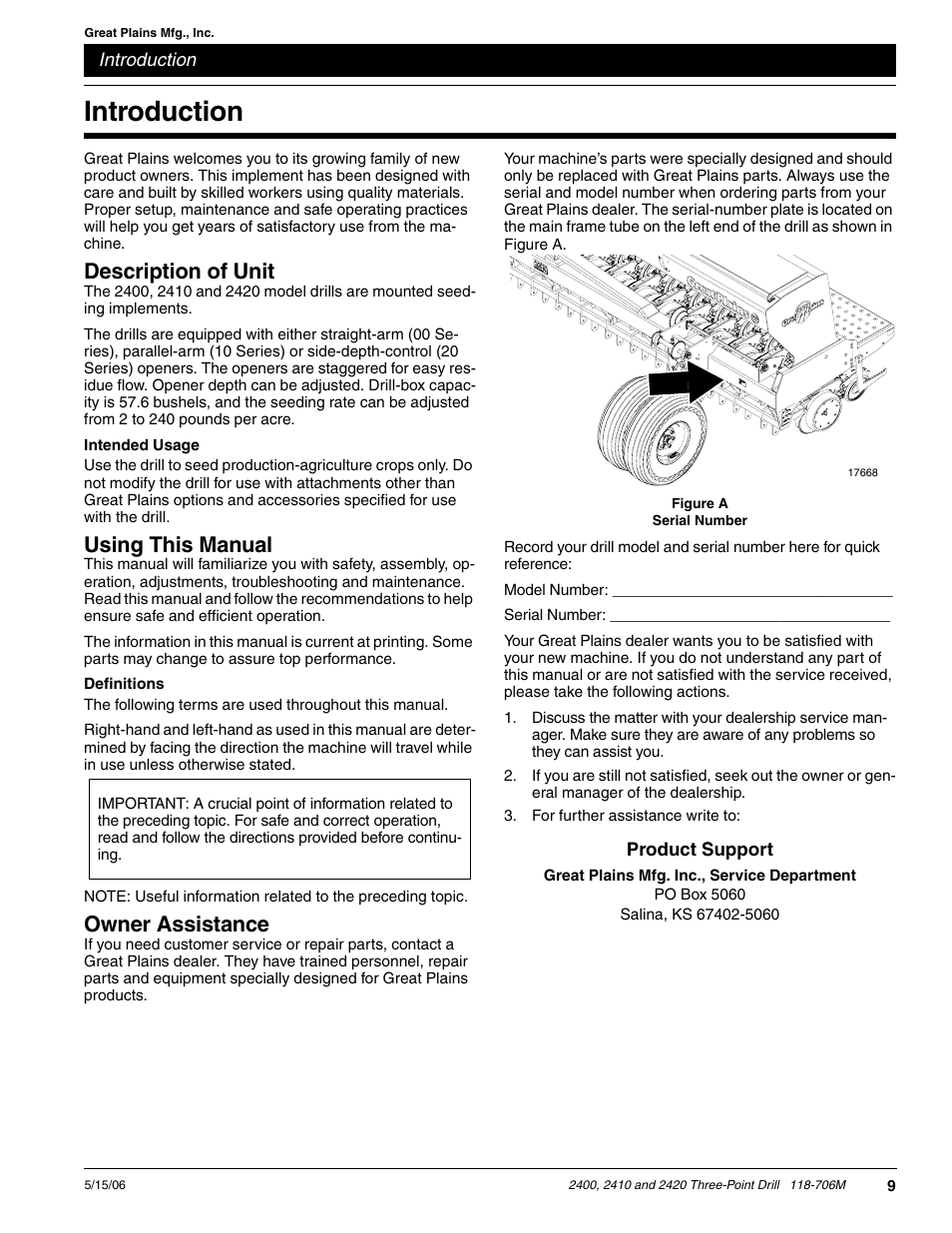 Introduction, Description of unit, Intended usage | Using this manual, Definitions, Owner assistance | Great Plains 2420 Operator Manual User Manual | Page 11 / 38