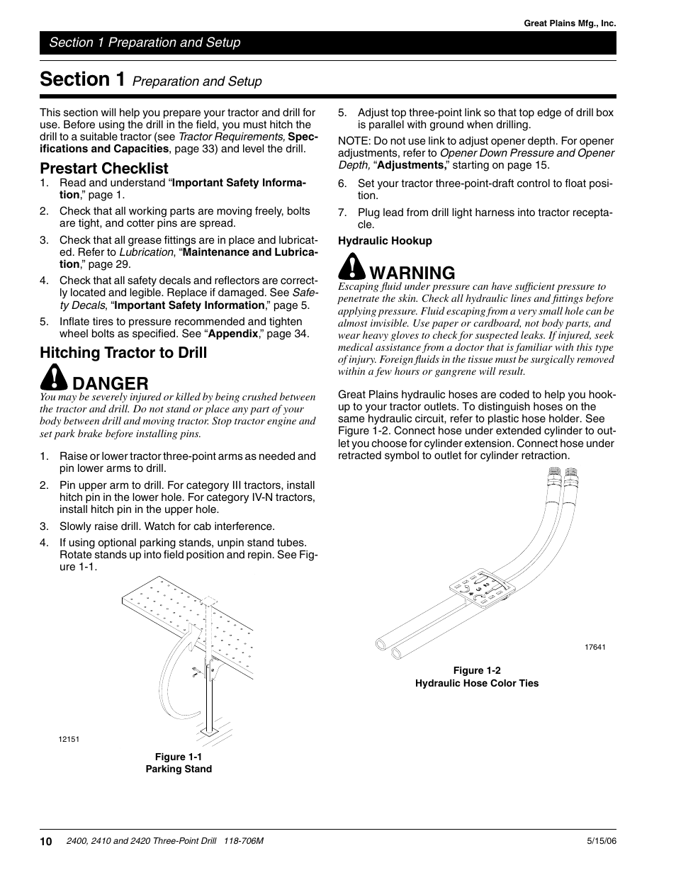 Section 1 preparation and setup, Prestart checklist hitching tractor to drill, Hydraulic hookup | Danger, Warning, Prestart checklist, Hitching tractor to drill | Great Plains 2420 Operator Manual User Manual | Page 12 / 38