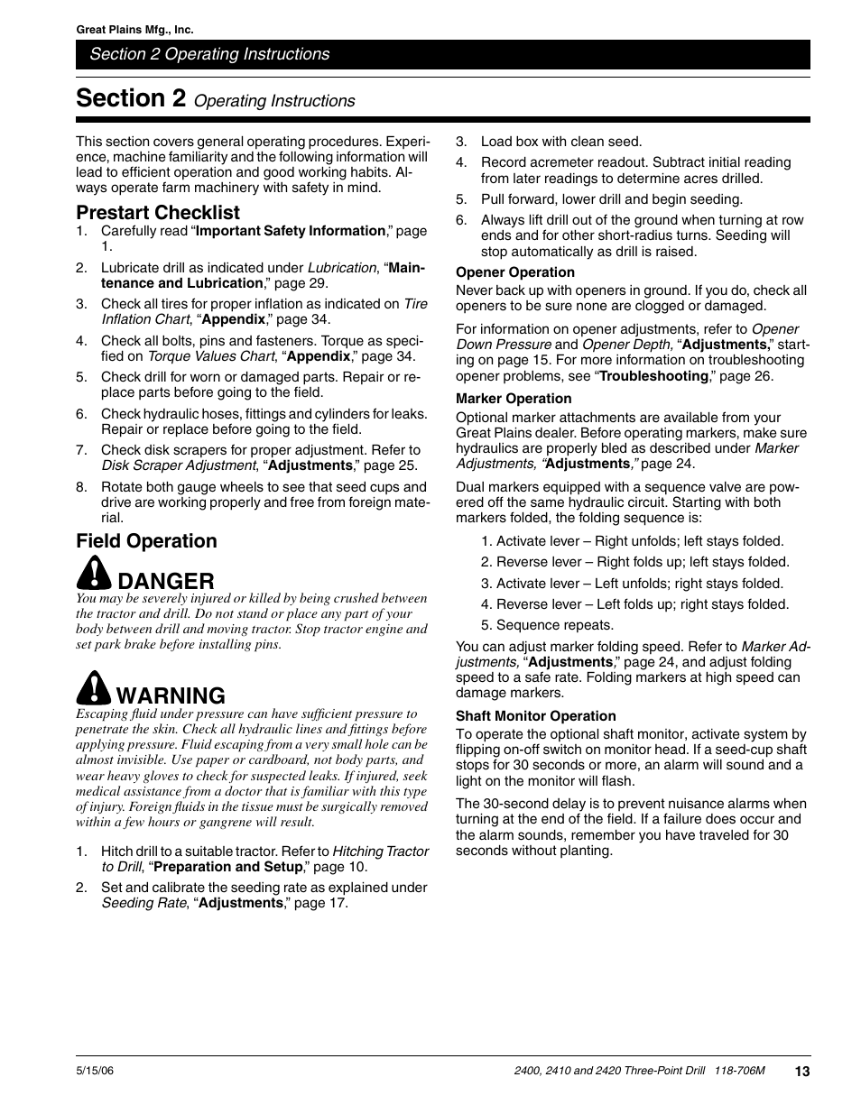 Section 2 operating instructions, Prestart checklist, Danger | Warning, Field operation | Great Plains 2420 Operator Manual User Manual | Page 15 / 38