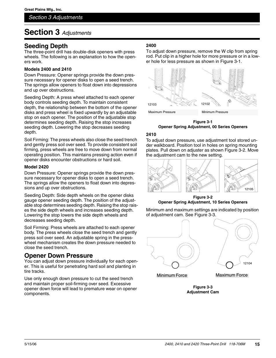 Section 3 adjustments, Seeding depth, Models 2400 and 2410 model 2420 | Opener down pressure | Great Plains 2420 Operator Manual User Manual | Page 17 / 38