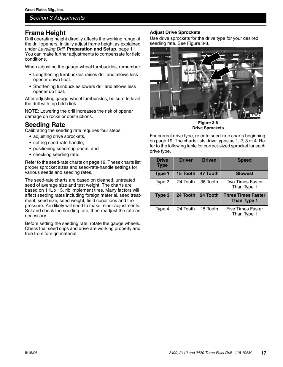 Frame height seeding rate, Adjust drive sprockets, Frame height | Seeding rate | Great Plains 2420 Operator Manual User Manual | Page 19 / 38