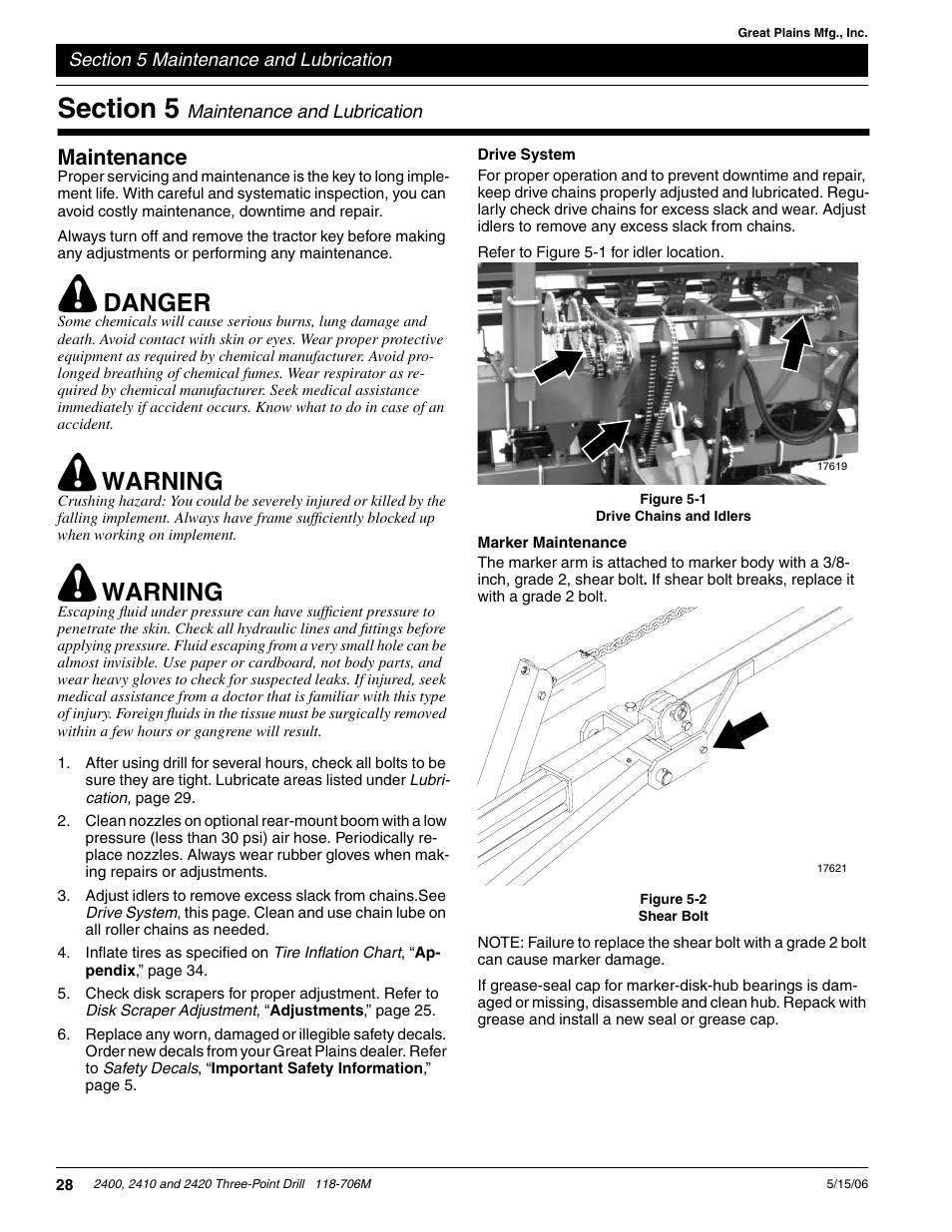 Section 5 maintenance and lubrication, Maintenance, Drive system marker maintenance | Danger, Warning | Great Plains 2420 Operator Manual User Manual | Page 30 / 38