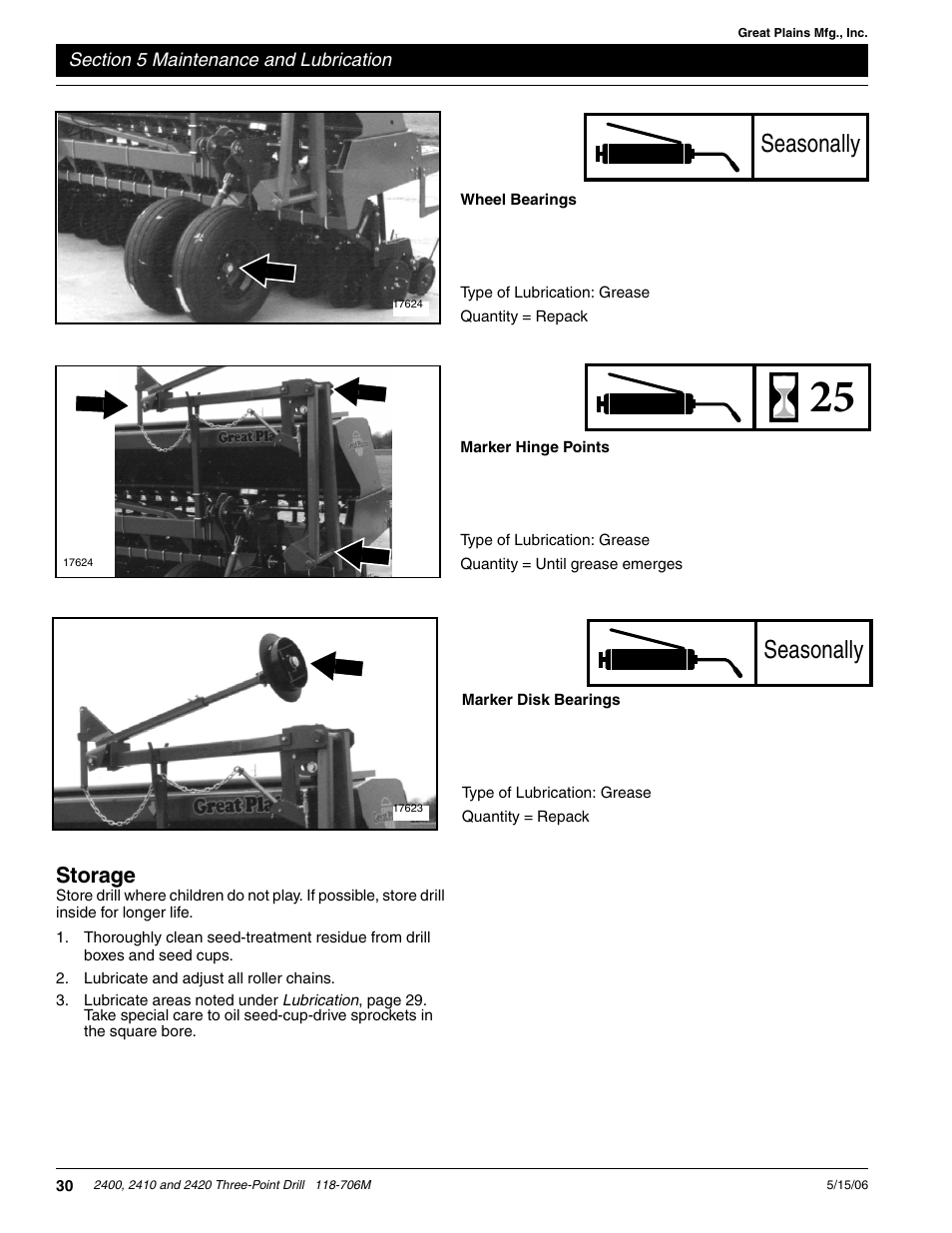 Storage, Seasonally | Great Plains 2420 Operator Manual User Manual | Page 32 / 38