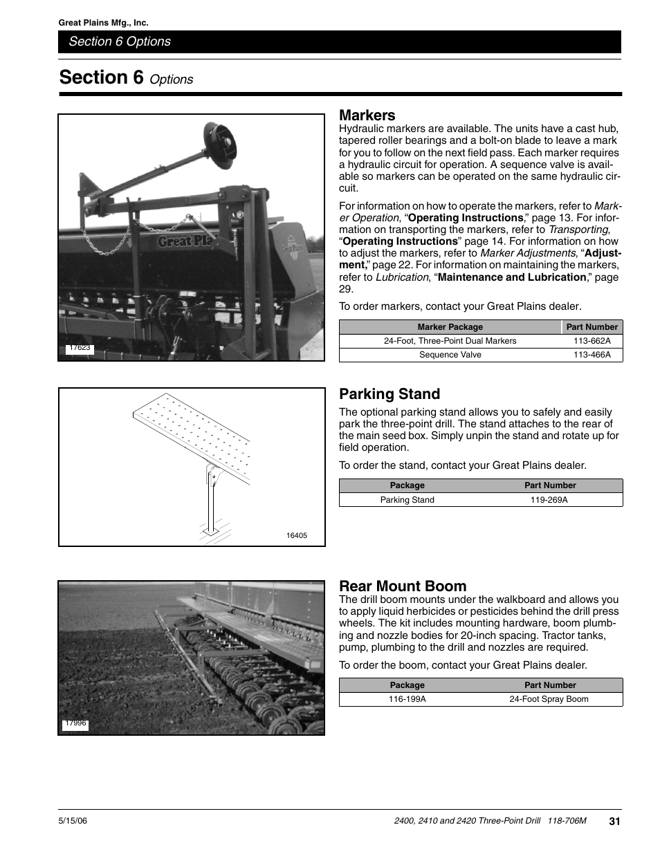 Section 6 options, Markers parking stand rear mount boom, Markers | Parking stand, Rear mount boom, Options | Great Plains 2420 Operator Manual User Manual | Page 33 / 38