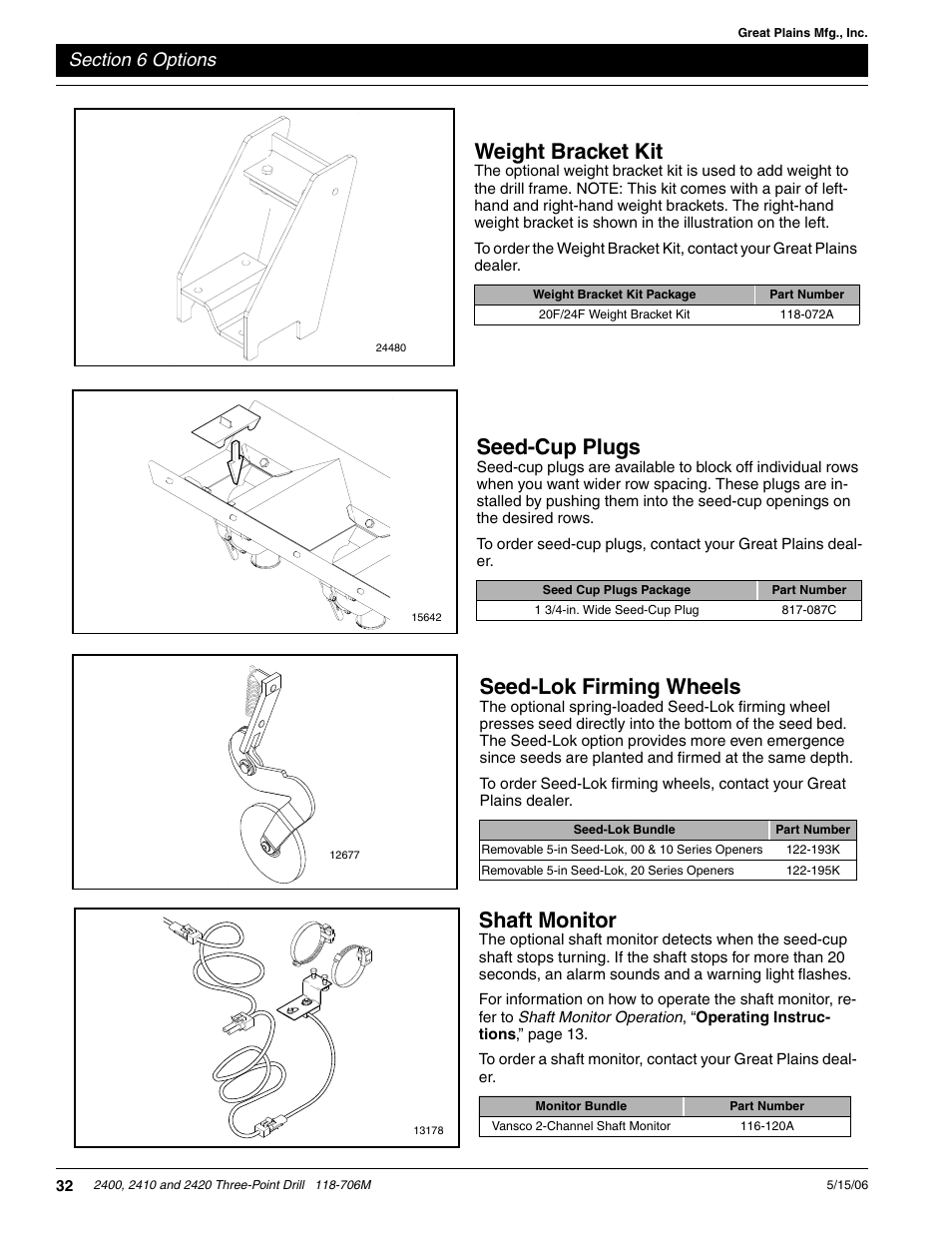 Shaft monitor, Seed-lok firming wheels, Seed-cup plugs | Weight bracket kit | Great Plains 2420 Operator Manual User Manual | Page 34 / 38