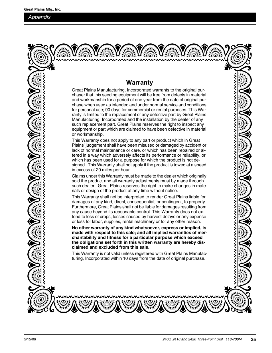 Warranty | Great Plains 2420 Operator Manual User Manual | Page 37 / 38