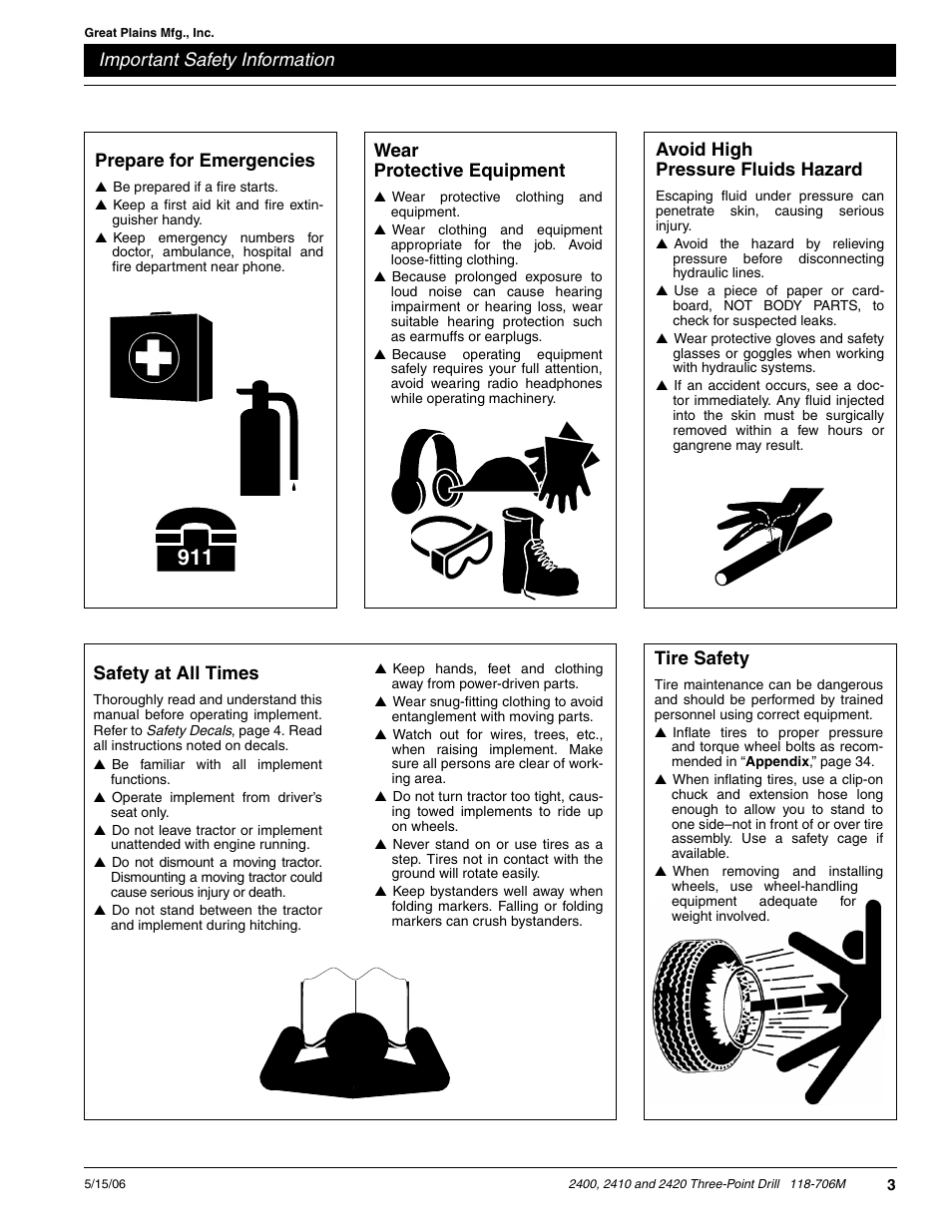 Important safety information, Prepare for emergencies, Tire safety | Wear protective equipment, Avoid high pressure fluids hazard, Safety at all times | Great Plains 2420 Operator Manual User Manual | Page 5 / 38