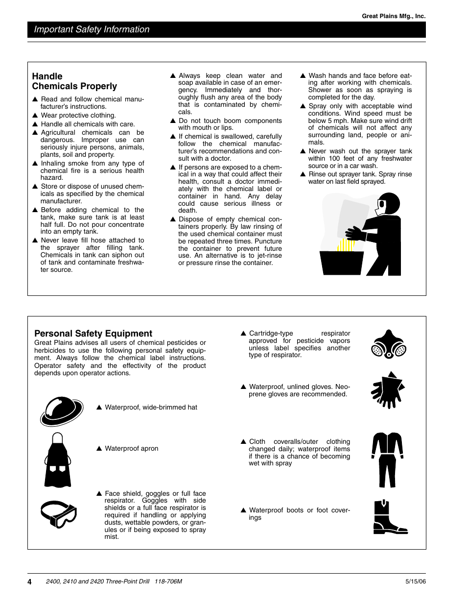 Personal safety equipment, Important safety information, Handle chemicals properly | Great Plains 2420 Operator Manual User Manual | Page 6 / 38
