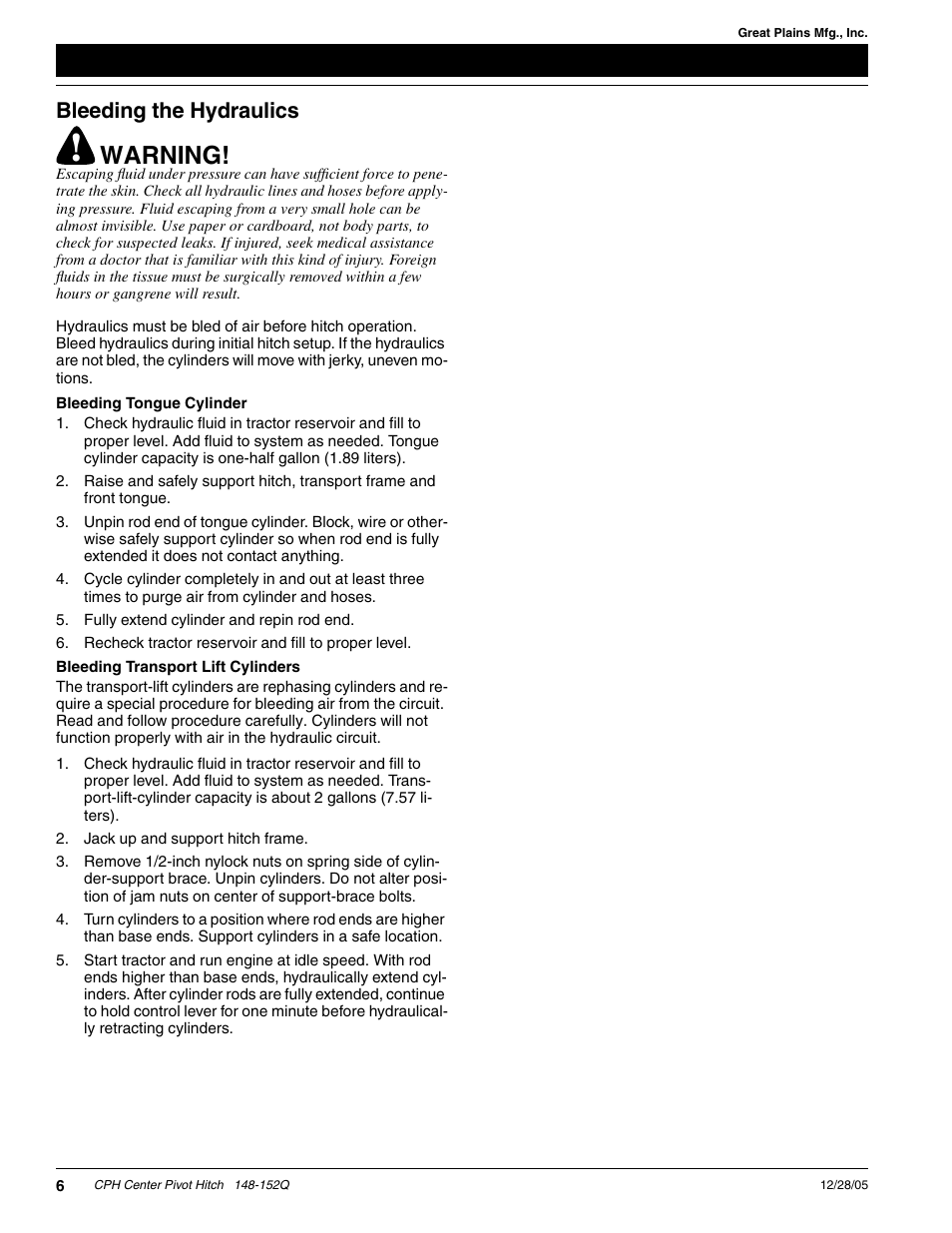 Warning, Bleeding the hydraulics | Great Plains CPH-20 Predelivery Manual User Manual | Page 8 / 10