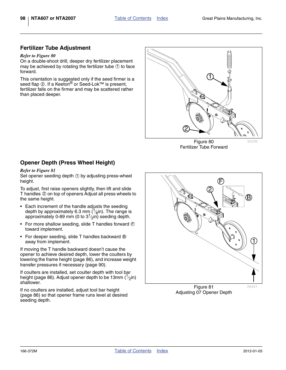 Fertilizer tube adjustment, Opener depth (press wheel height), 12 b f | Great Plains NTA2007 Operator Manual User Manual | Page 102 / 180