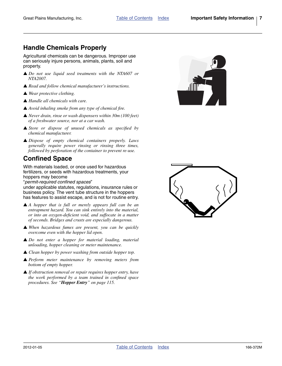 Handle chemicals properly, Confined space | Great Plains NTA2007 Operator Manual User Manual | Page 11 / 180