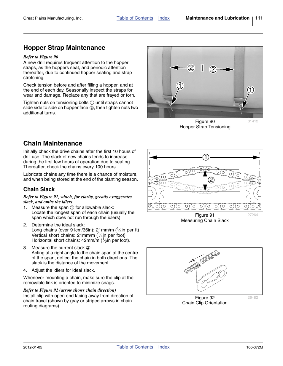 Hopper strap maintenance, Chain maintenance, Chain slack | Hopper strap maintenance chain maintenance | Great Plains NTA2007 Operator Manual User Manual | Page 115 / 180