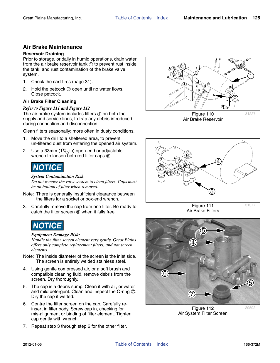 Air brake maintenance, Reservoir draining, Air brake filter cleaning | Reservoir draining air brake filter cleaning | Great Plains NTA2007 Operator Manual User Manual | Page 129 / 180