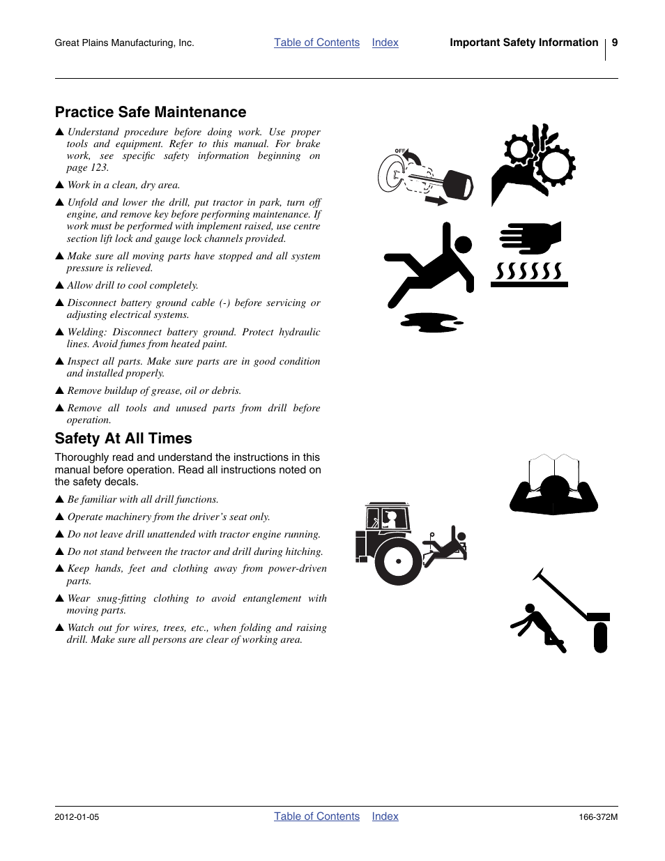 Practice safe maintenance, Safety at all times | Great Plains NTA2007 Operator Manual User Manual | Page 13 / 180