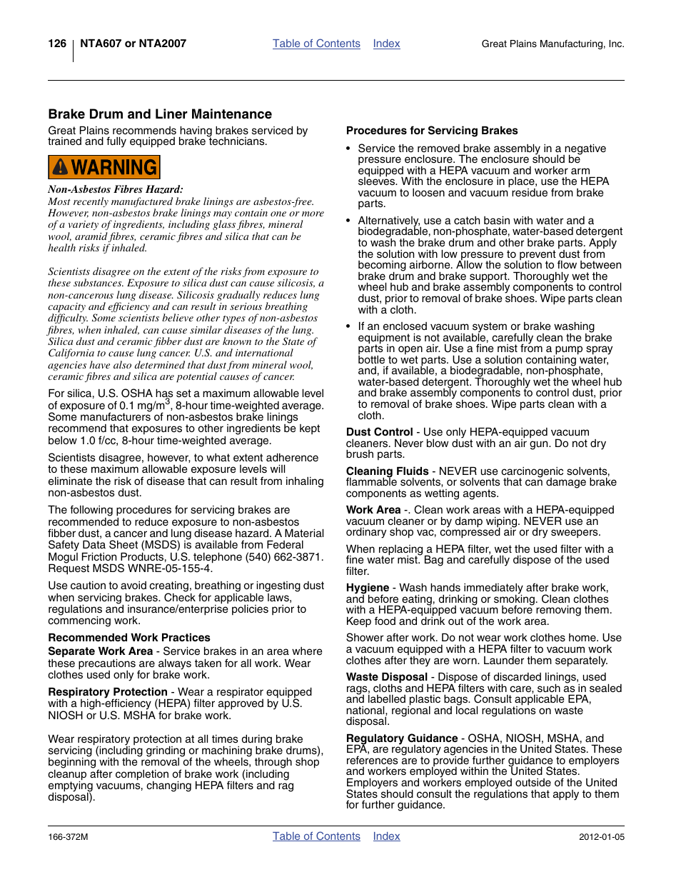 Brake drum and liner maintenance, Recommended work practices | Great Plains NTA2007 Operator Manual User Manual | Page 130 / 180