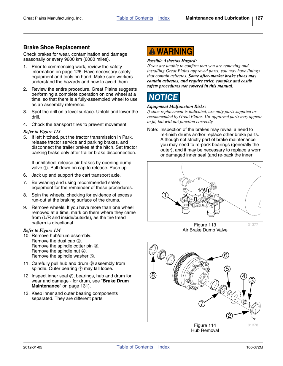 Brake shoe replacement | Great Plains NTA2007 Operator Manual User Manual | Page 131 / 180