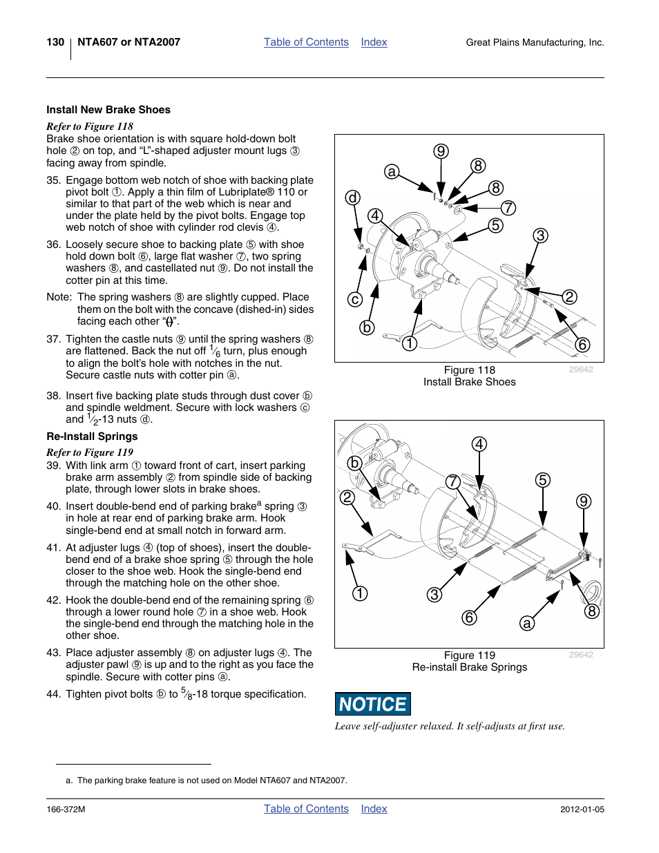 Install new brake shoes, Re-install springs | Great Plains NTA2007 Operator Manual User Manual | Page 134 / 180