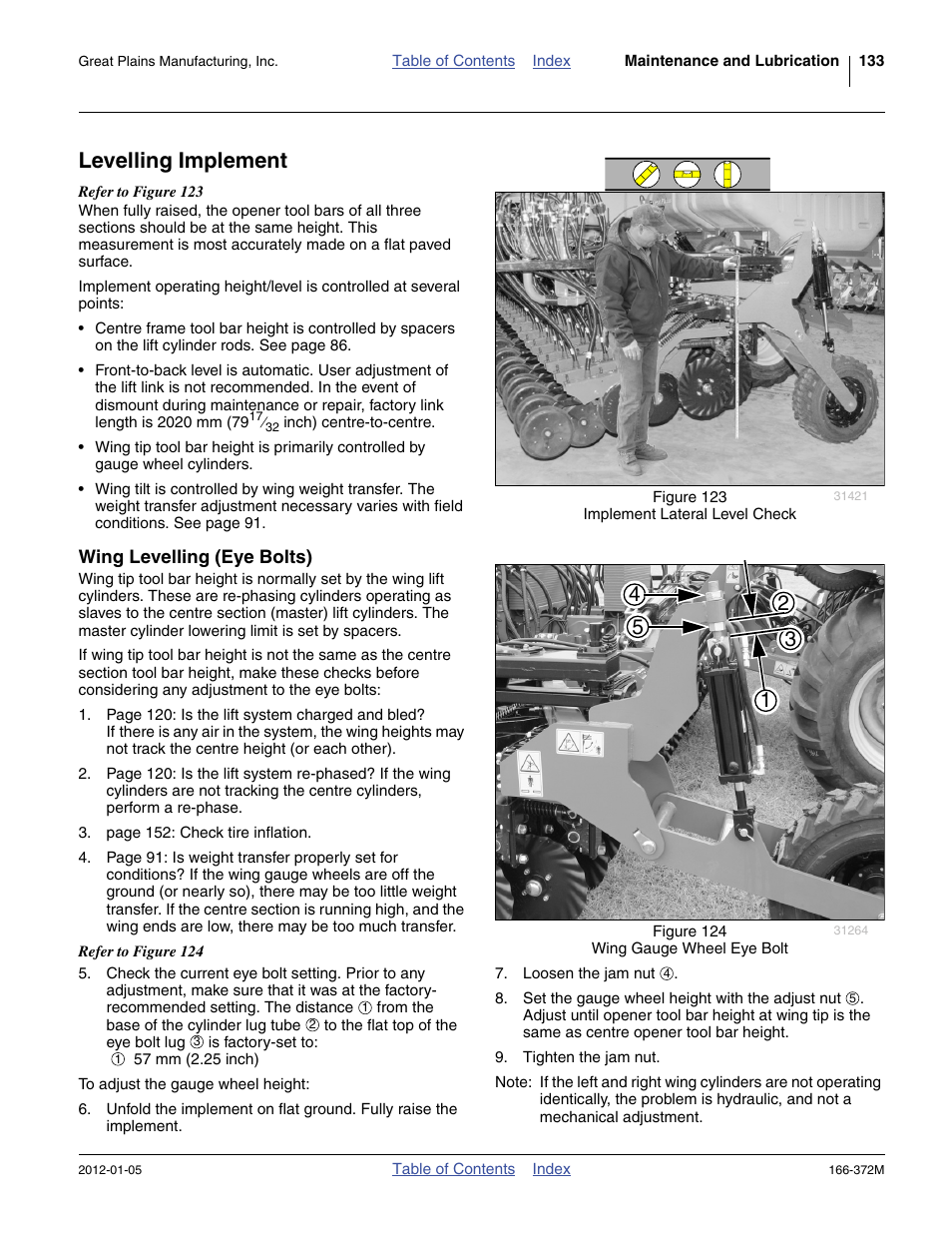 Levelling implement, Wing levelling (eye bolts) | Great Plains NTA2007 Operator Manual User Manual | Page 137 / 180