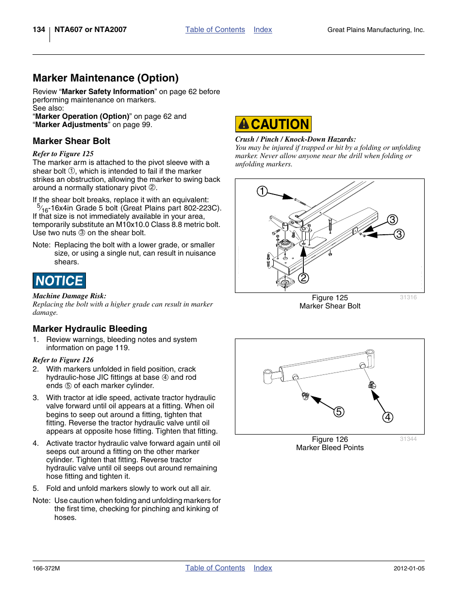Marker maintenance (option), Marker shear bolt, Marker hydraulic bleeding | Marker shear bolt marker hydraulic bleeding | Great Plains NTA2007 Operator Manual User Manual | Page 138 / 180