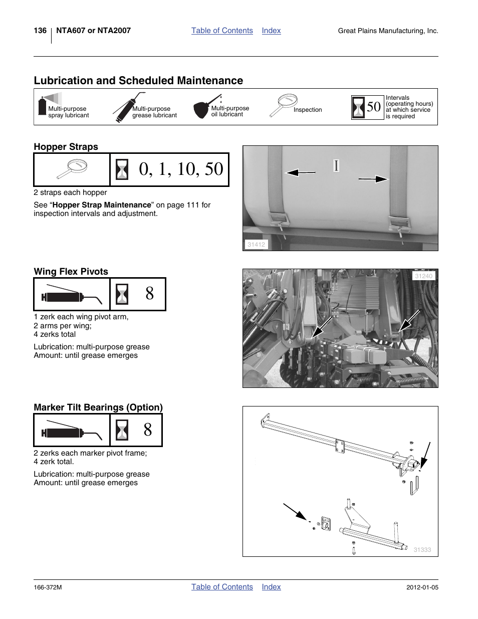 Lubrication and scheduled maintenance, Hopper straps, Wing flex pivots | Marker tilt bearings (option), Icate as indicated at “ lubrication and | Great Plains NTA2007 Operator Manual User Manual | Page 140 / 180