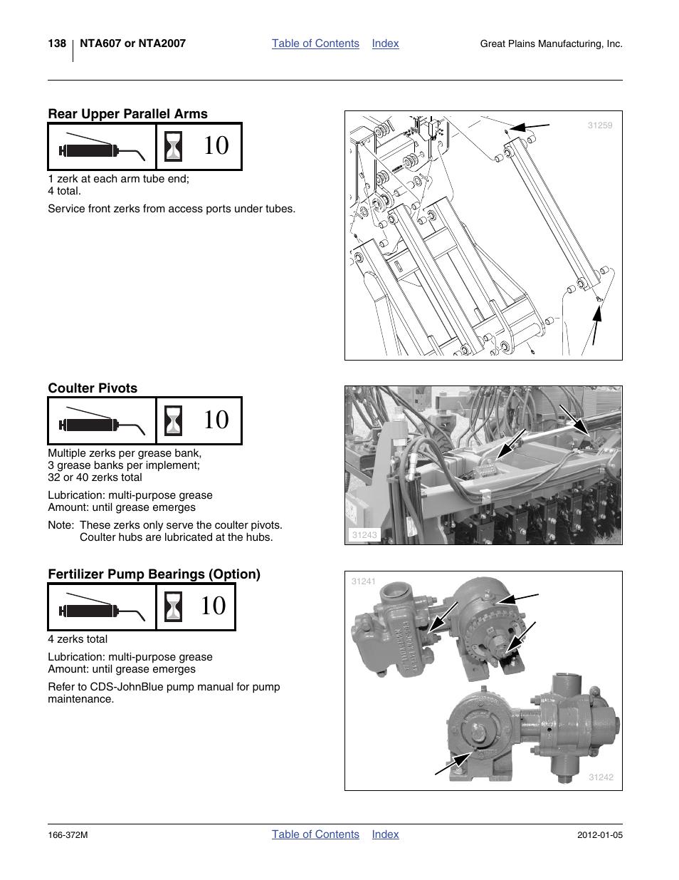 Rear upper parallel arms, Coulter pivots, Fertilizer pump bearings (option) | Great Plains NTA2007 Operator Manual User Manual | Page 142 / 180