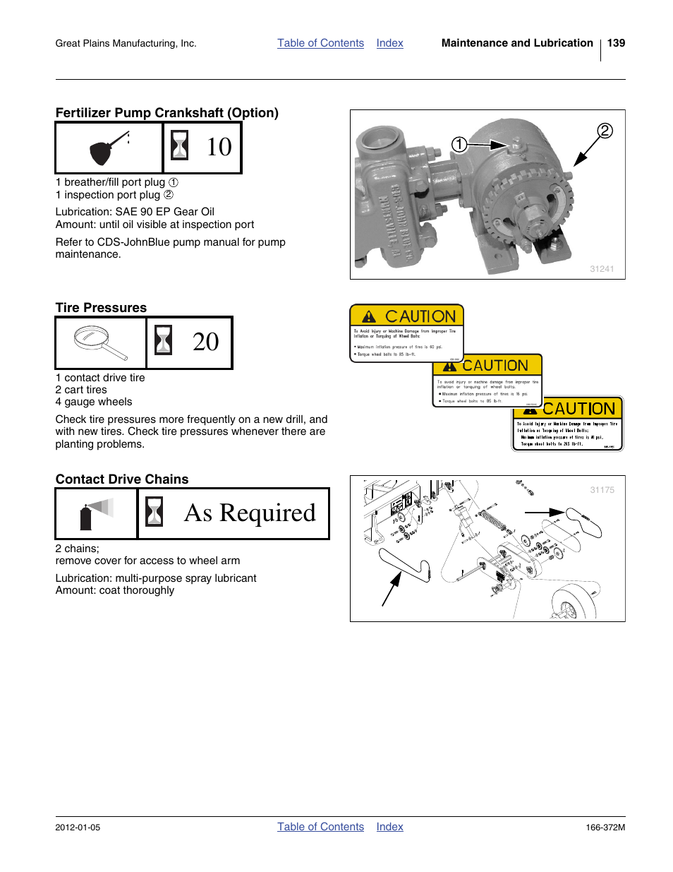 Fertilizer pump crankshaft (option), Tire pressures, Contact drive chains | 20 as required | Great Plains NTA2007 Operator Manual User Manual | Page 143 / 180