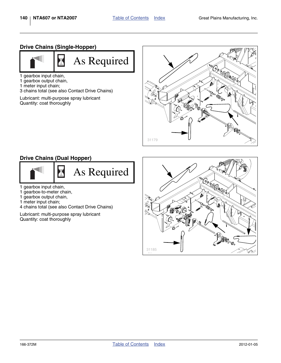 Drive chains (single-hopper), Drive chains (dual hopper), As required | Great Plains NTA2007 Operator Manual User Manual | Page 144 / 180