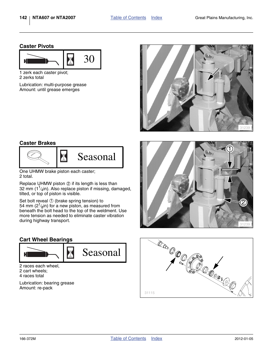 Caster pivots, Caster brakes, Cart wheel bearings | Seasonal | Great Plains NTA2007 Operator Manual User Manual | Page 146 / 180
