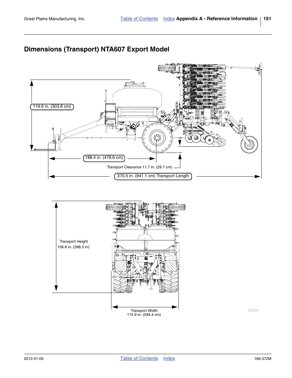 Dimensions (transport) nta607 export model | Great Plains NTA2007 Operator Manual User Manual | Page 155 / 180