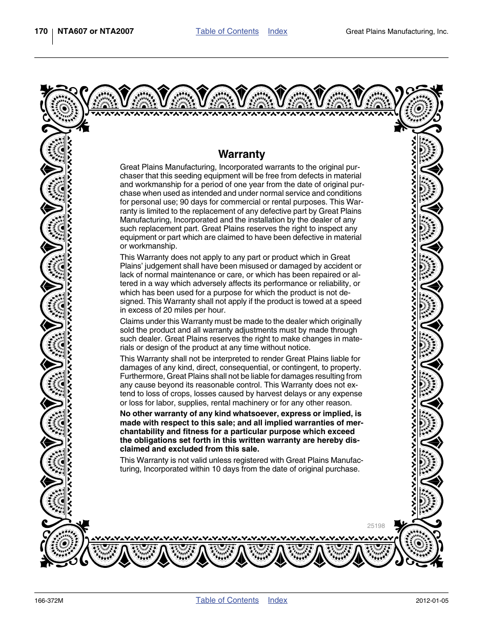 Warranty | Great Plains NTA2007 Operator Manual User Manual | Page 174 / 180