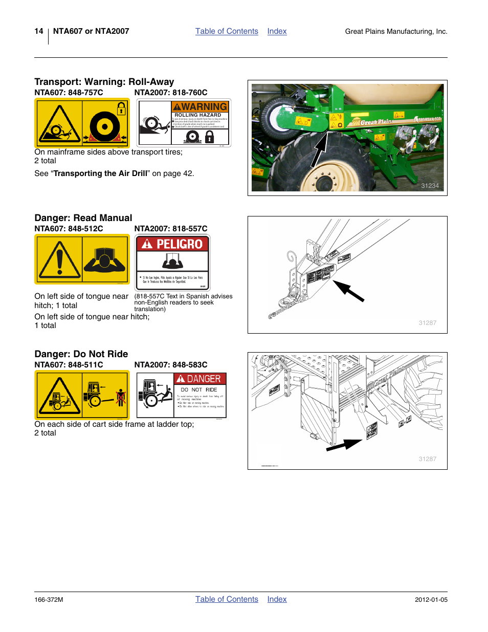 Transport: warning: roll-away, Nta607: 848-757c, Nta2007: 818-760c | Danger: read manual, Nta607: 848-512c, On left side of tongue near hitch; 1 total, Nta2007: 818-557c, Danger: do not ride, Nta607: 848-511c, Nta2007: 848-583c | Great Plains NTA2007 Operator Manual User Manual | Page 18 / 180